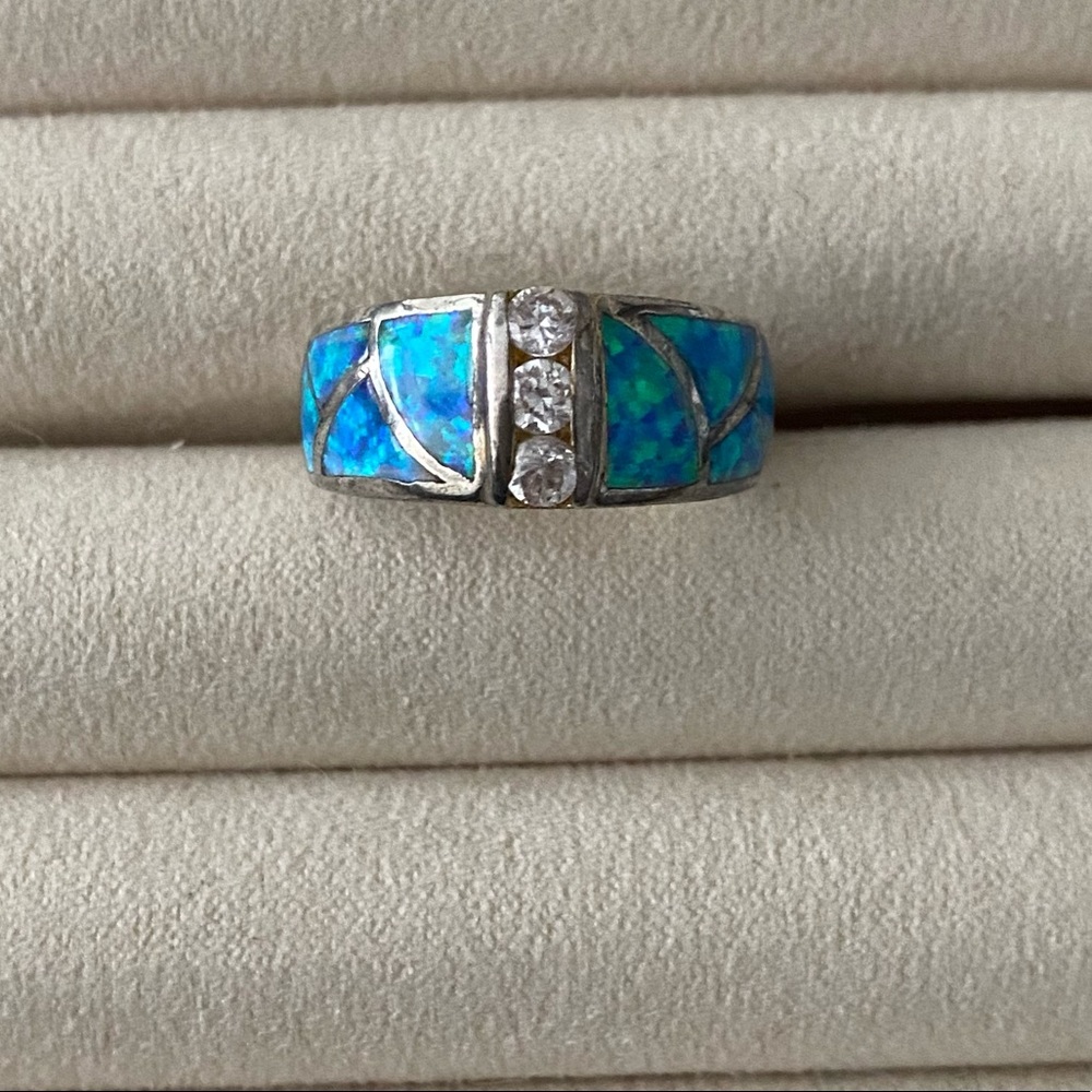 Vintage 925 Sterling Silver Blue Fire Opal Ring - Picture 5 of 12